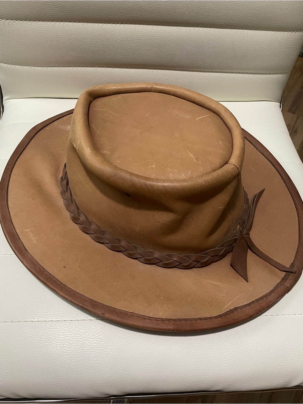 Vintage Leather Outback Cowboy Hat Brown Braided Band Wide Brim Grommet Vents